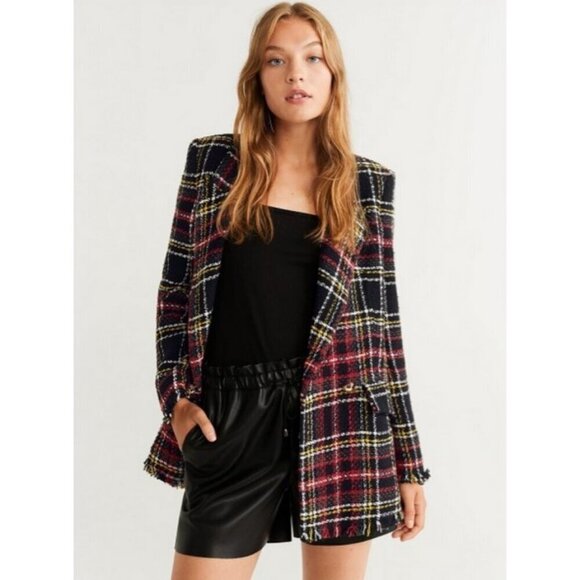 💕MANGO💕 Buttons Tweed Blazer ~ Multi-Color Plaid Print US Medium - Picture 5 of 15